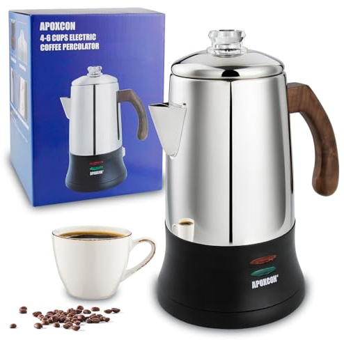 APOXCON inox Percolateur café électrique, verre résistant, bouton infusion transparent, marche/arrêt, maintien chaud, sans fil, 6 tasses, pour maison/hôtel