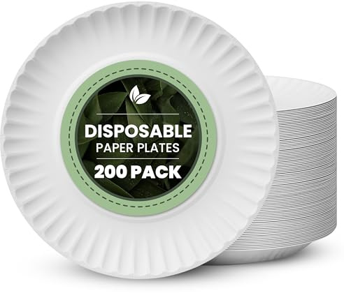 Vivo Technologies 200-Pack of 9-inch Disposable Paper Plates 23cm White 100% Compostable Biodegradable Party Paper Plate Perfect for Everyday use, Ideal for BBQ's, Parties and Events