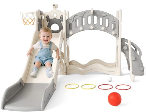 Kids Slide 6 in 1, Toddlers Climber Freestanding Slides, vitality Elk element Toddler Slide, Slide with Climbing Frame and Basketball Hoop, Garden Slide, Indoor and Outdoor, Beige&Grey