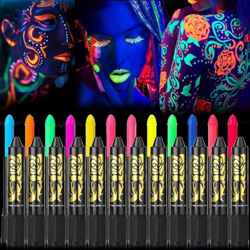 12 UV Neon Körperfarben Schmink, Waschbar Schminkstifte Schminkfarben, Face Paint Schminkset, ungiftige Neon-Gesichts- und Körpermalstifte für Karneval-Maskerade Party Make-up