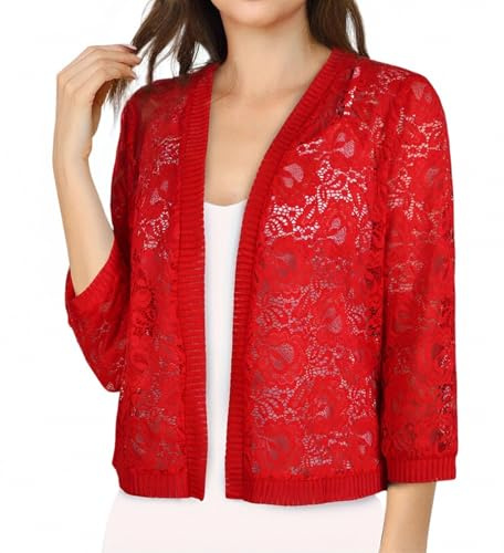 Bolero Femme Gilet Dentelle Chic et Elegant Cardigan Court Manche 3/4 Veste Ouverte Leger pour Mariage Robes Plages, Rouge, XL, Rouge, XL