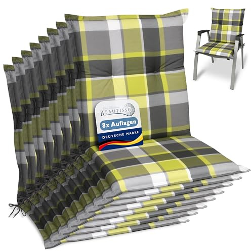 Beautissu 8er Set Niedriglehner Auflagen für Gartenstühle Stuhlkissen | 100x50cm Grün Kariert Polster bequeme Gartenstuhl Polsterauflagen UV-Lichtecht Gartenpolster Sunny GR