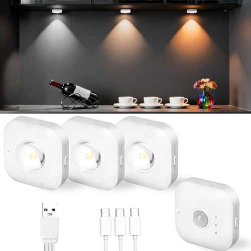 AVANLO Vitrinenbeleuchtung mit Fernbedienung Kabellos, 3 Stück Unterbauleuchte mit 3 Farbtemperaturen, USB Aufladbar Schrankbeleuchtung Mini LED Spot Akku (3 Farben)