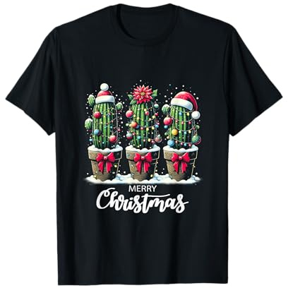 Cactus entouré d'arbres de Noël lumières Chapeau de Père Noël Cactus T-Shirt