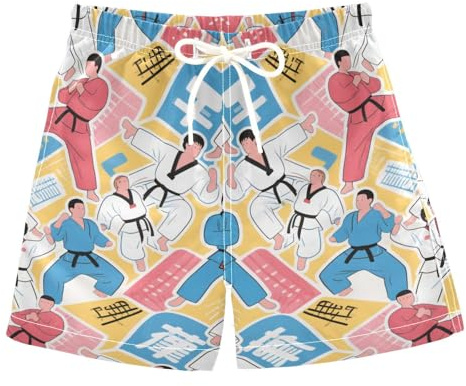 KLL Boys Swim Trunks Bathing Suit Swimsuit Elastic Waist Quick Dry Surf and Swim Colorful Cartoon Taekwondo