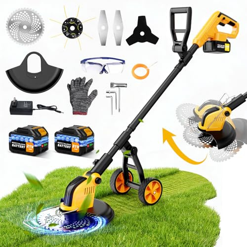 Desbrozadora Bateria con Ruedas,30CM Desbrozadora Electrica con 2 * 3.0 Ah Baterías y Cargador,Motor sin Escobillas 800W,Cortadora de Césped con 4 Tipos de Cuchillas para Recortar Césped y Arbustos