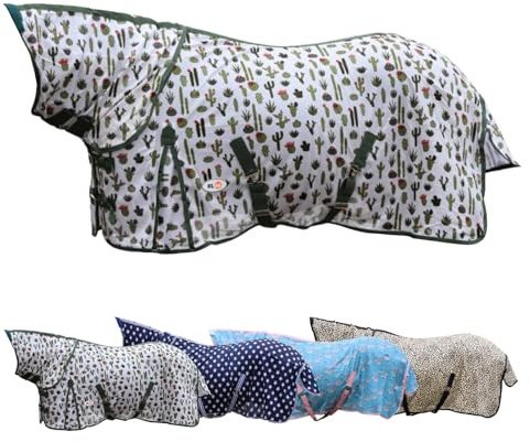 RL24 - Fliegendecke mit Halsteil & Kreuzgurt Design Kaktus – Ekzemerdecke mit verstellbaren Kreuzgurten & Schweiflatz – Decke zum Schutz vor Insekten – Outdoor-Pferdedecke – 135 cm