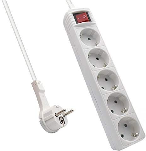 Ewent EW3955 Steckdosenleiste 5-fach mit Schalter und Kindersicherung, Save Space Plug/Flachstecker, Steckplätze 45 Grad gedreht, 1.5m Kabellänge, Weiß