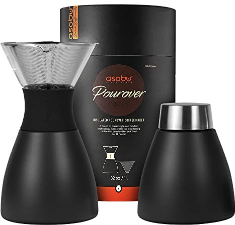 asobu Insulated Pour Over Coffee Maker with Glass Carafe – Black – Stainless Steel – 900 ml