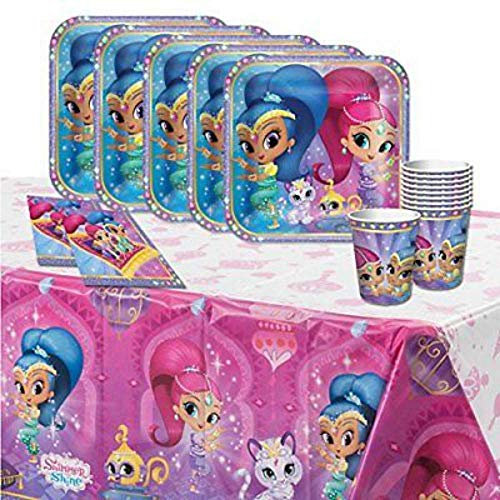 Lote de Cubiertos Infantiles Shimmer & Shine (16 Vasos, 16 Platos, 16 Servilletas y 1 Mantel (137 x 243 cm) y 4 Velas.Vajillas. Juguetes. Cumpleaños, Bodas, Bautizos, Comuniones y Eventos. L12