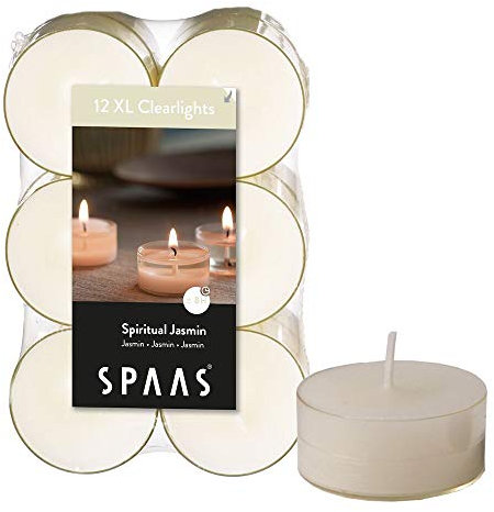 Spaas 12 Maxi Duftenden Clearlights, Teelichter mit durchsichtigem Halter, ± 8 Stunden-Spiritual Jasmin, Paraffinwachs, Weiß, D 56 mm x H 21 mm, 0392155.577
