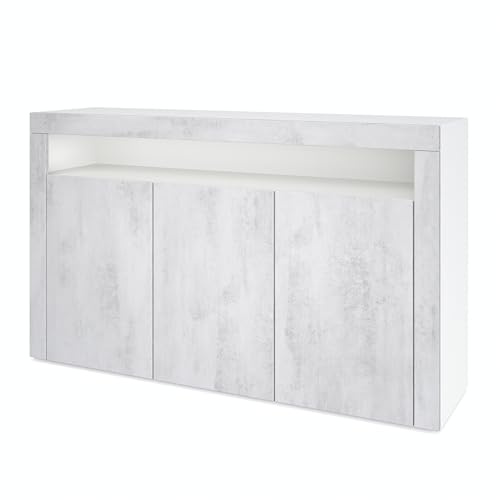 Vladon Sideboard Valencia, Kommode mit 3 Türen und 1 offenem Fach, Weiß matt/Beton Oxid Optik (155 x 92 x 40 cm)
