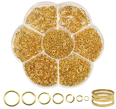 TOAOB 2300 Stück Biegeringe Golden 3mm bis 10mm 7 Größen Spaltringe | Metallringe zum Basteln für Kettenanhänger, mit Ring Öffner, Jump Ringe für Halsketten Armband, DIY Schmuckherstellung