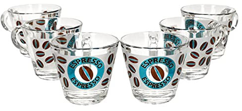 MamboCat Cremona Lot de 6 tasses à expresso en verre avec anse - Bleu - 60 ml - Aspect verre dépoli avec grains d'expresso et inscription - Alternative pour Lungo, Americano, Ristretto & Co