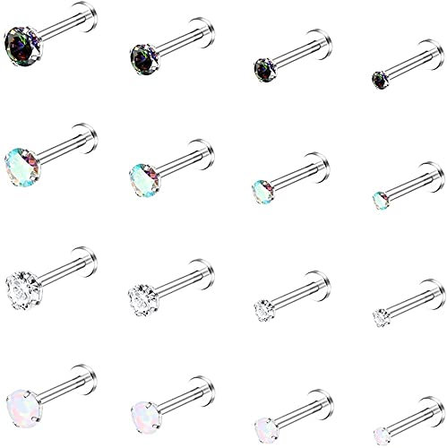 LOLIAS 16Pcs 16G Monroe Lippenringe Chirurgenstahl Helix Tragus Nagel Medusa Labret Piercing Schmuck CZ Opal Knorpel Ohrstecker für Frauen 6mm 8mm