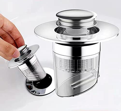 Abflussstopfen, POP UP Ventil Stöpsel Ablauffilter Waschbeckenstöpsel, Edelstahl-RüCkprall Kern Push-Typ Abflusssieb, automatische Schließung Anti-Geruch für Waschbecken, 34~40mm (2 Dichtungens)