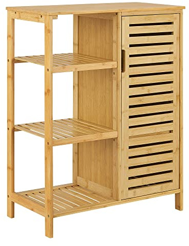 [en.casa] Badezimmerschrank Vetlanda Bambus 87x66x33 cm Badkommode Badregal mit 3 Ablagen und 1 Schranktür Badmöbel Natur