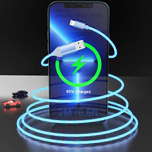Blaues LED Flow iPhone Ladekabel, Glänzendes USB-Ladegerät [MFi-Zertifiziert], Dunkeln Leuchtendes USB-Autokabel, LED-Ladegerät für Apple iPhone 14 13 12 11 Pro Max XR X XS 8 8P 7 Pad Air 2/Pod More