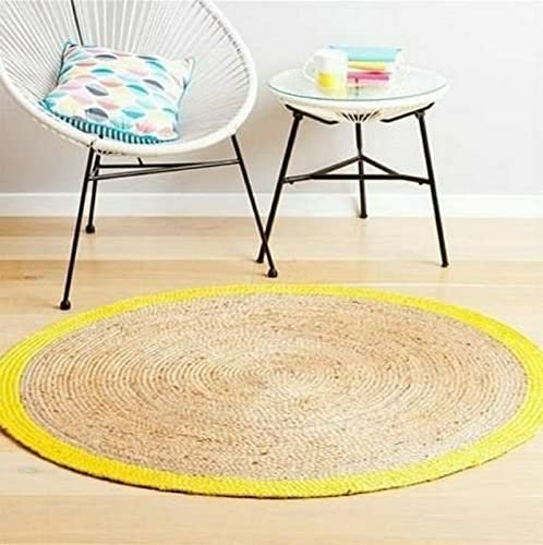 Teppich Jute Beige & Gelb Handgeflochten Runde Form Wohnzimmer Bauernhaus Teppich Dekorativer Teppich Flickenteppich (90 x 90 cm)