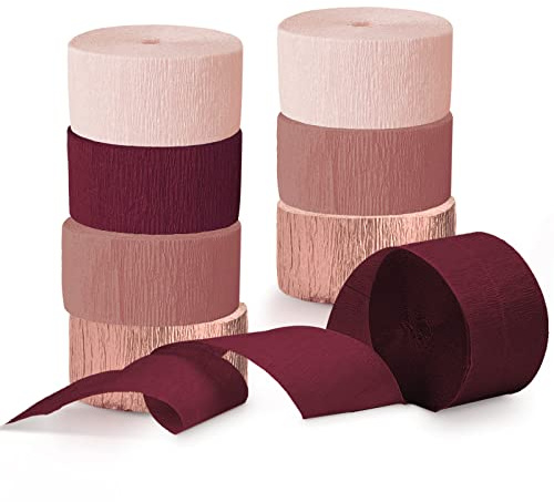 NICROLANDEE 8 Rolls Burgundy Rose Gold Crepe Paper Streamer Rolls for Birthday Wedding Engagement Bridal Shower Bachelorette Anniversary Valentine's Day Decorations