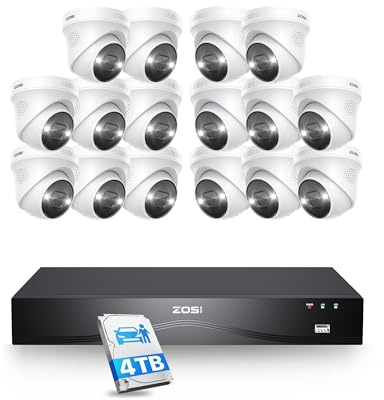 ZOSI 4K 16CH PoE CCTV Camera System, Face/Person/Vehicle Detection, 16Pcs | H.265+ 8MP Disk-Backup PoE NVR System & 4TB HDD, 4K Outdoor Indoor Security PoE IP Cameras, Color Night Vision, Two Way Audio