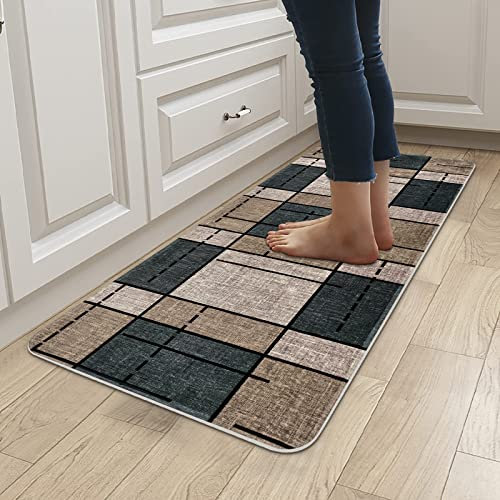 Yugarlibi Teppich Läufer Flur rutschfest Waschbar Modern Küchenläufer Dauerhaft Weich Schmutzabweisend Flurläufer für Wohnzimmer Schlafzimmer Innen Outdoor Korridor 60x180cm Hellbraun Kariert