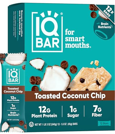 IQBAR Clean Plant Protein Bars - Toasted Coconut Chip - 12 Count - Keto, Vegan, High Fiber, Gluten and Dairy Free, Low Sugar Snack - Brain and Body Nutrients for Focus, Energy, Meal Replacement