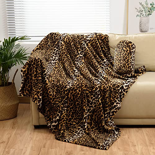 Bnuitland Manta de Franela de Forro Polar con Estampado de Leopardo con Bolsa de Almacenamiento de Leopardo, Manta de Cama de Doble Cara de 300 g/m², Manta de sofá Ligera y mullida para Adultos y