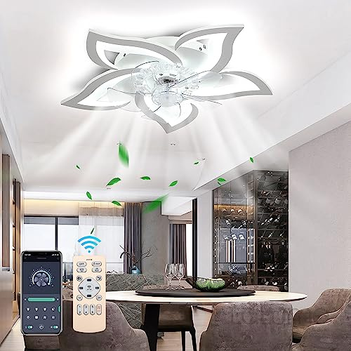 XEMQENER Ceiling Fan with Lights and Remote, Modern LED Ceiling Fans with Lamps and Bluetooth APP, 50W Dimmable Fan Lighting with 6 Speeds Reversible DC Motor 2 Timer, Acrylic 5 Fan Light, White 69cm