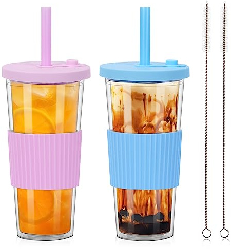 ZgoEC 24oz Bubble Tea Becher mit Deckel und Strohhalm, 2pcs Auslaufsicher Trinkbecher mit Strohhalm, Doppelwandig Isoliert Plastikbecher Tumbler Cup, Kaffeebecher Smoothie Becher für Geschenk