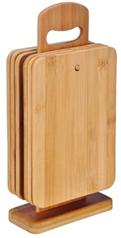 6er-Set Frühstücksbrettchen mit Ständer - Holzbrettchen Set aus Bambus Holz 22x15x0,8cm - Brettchen Frühstücksbrett Holzbrett