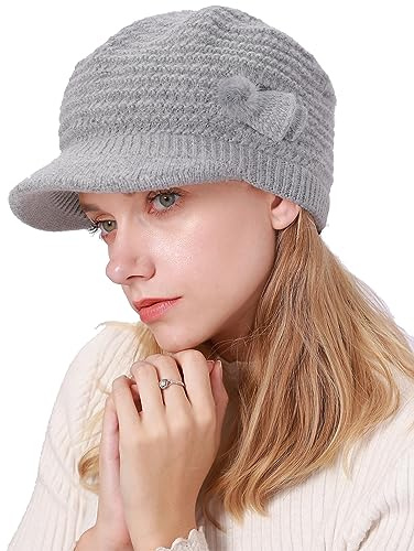 CheChury Strickmütze Damen Barett Winter Fleece Mütze Warme Frauen Grobstrick Wintermützen Mütze mit Shirm Baskenmütze Winter Damen Beaniemütze mit Schirm Wollmütze Damen Schirmmütze