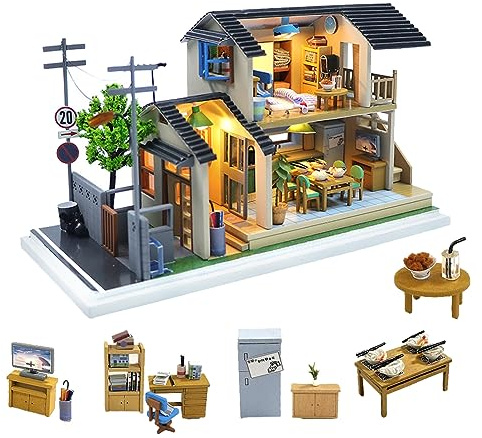 hvmabeck Japanischer Stil Puppenhaus DIY Miniaturhaus Kit mit Staubschutz 3D Holz Miniatur Puppenhaus Möbel Maßstab 1:24 Kreatives Geschenk für Familie und Freunde