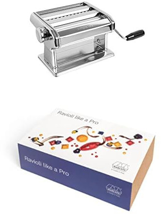 Nudel- und Raviolizubereitungsset, Marcato Ampia 180 Nudelmaschine + Form für 24 Quadratische Ravioli (35 mm) + Nudelholz + Runde Form + Ovale Form + Geschirrtuch + Rezeptbuch