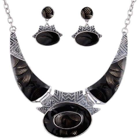YAZILIND Ethnic Color Embossed Oval Gangle Bib Collar Earrings Necklace Jewelry Set Women (Black)
