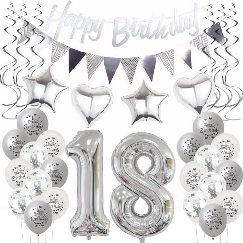 Silber Geburtstagsdeko 18 Jahre Mädchen Jungen,ballon 18 Geburtstag Mädchen Deko, Luftballons 18. Geburtstag Dekoration silber ,Party Deko 18. Junge 18 Jahre Geburtstagsdeko