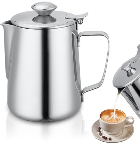 Brocca per latte con coperchio, 1000 ml, in acciaio inox, con ugelli anti-gocciolamento e manico ergonomico, per espresso, cappuccino, latte, barista, barista, 1 litro