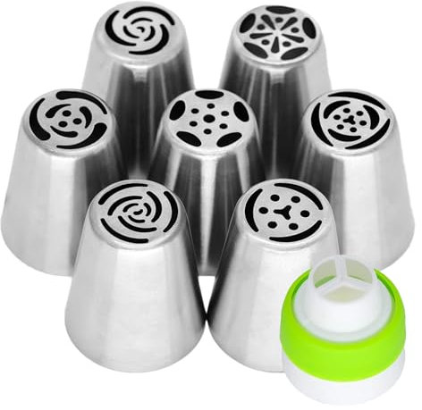 7-teiliges Russisches Spritztüllen Set, Edelstahl Tüllen für Spritzbeutel Professionelle Russische Spritztülle 7 Große Edelstahltüllen, 1 Adapter für Dekorieren von Kuchen Torten