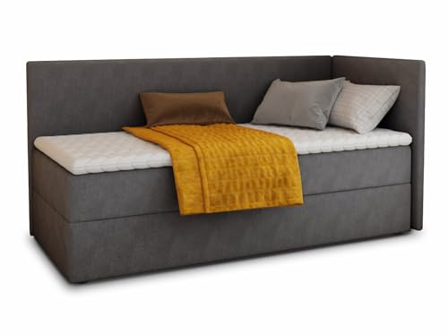 Sofnet Boxspringbett Flame mit Bettkasten - Einzelbett mit Bonell-Matratze und Topper, Polsterbett, Universelle Bettseite, Bett, Schlafzimmer, Kinderzimmer (Graphit (Kronos 22), 90 x 200 cm)