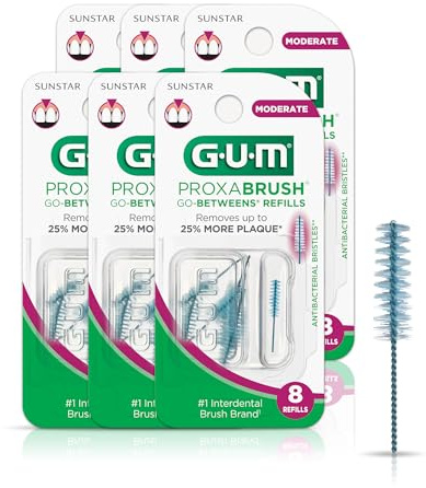 GUM Proxabrush Go-Betweens Refills - Moderate - Compatible with GUM Permanent Handle - Reusable Interdental Brushes - Soft Bristled Dental Picks, 8 Count (Pack of 6) 48 Total