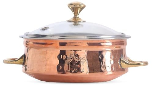 Ciotola Handi in acciaio e rame con coperchio in vetro, per piatti da portata, stoviglie, 500 ml, utensili da cucina in rame Handi