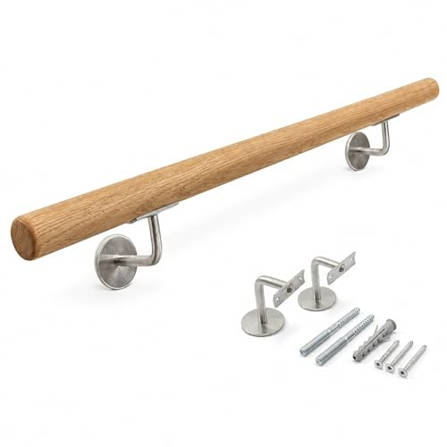 Holz Handlauf mit Wandmontage Set - Runder 42 mm Ø Handlauf aus massivem Eichenholz - Holz für Innen Treppen - Rutschfester Holzhandlauf Innen (180cm, Eichenholz)