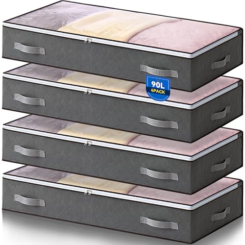 AIOR 4 Piezas 90L Bolsas Almacenaje Ropa Debajo de la Cama, Cajas Almacenaje de Gran Capacidad con Ventana Transparente, Cama Organizador Armario para Ropa Mantas Edredones, 100x50x18cm