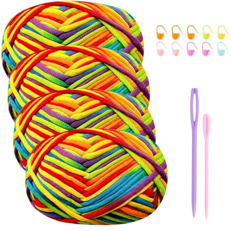 Tjockt bomullsgarn för virkning och stickning - 4 x 50 g ull med tillbehör för nybörjare - röd