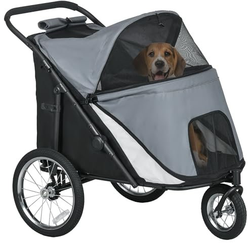 PawHut Hundewagen Hundebuggy mit Netzfenstern, Klappbarer Katzenwagen mit Sicherheitsleine, große Gummiräder für Mittelgroße, Große Hunde bis 30 kg, Oxford, Grau