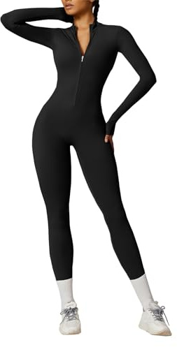 OEAK Damen Sport Jumpsuit Lang Eng Yoga Overall Langarm Rollkragen Playsuits mit Reißverschluss Nahtloser Bodysuit Bodycon Strampler Einteiler Romper,Kohlenschwarz,S