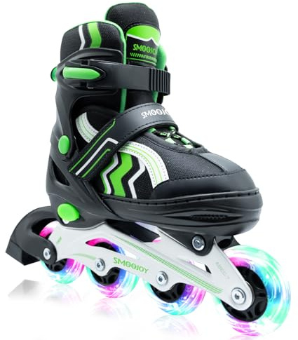 SMOOJOY Inline Skates for Kids Light-Up Wheels Aluminum Frame Black Green Blade Skate for Boys and Girls S, M, L Sizes, Ages 5-8, Perfect for Beginners Indoors and Outdoors