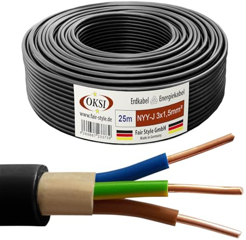 OKSI 25m NYY-J 3x1,5 mm² Erdkabel Elektrokabel Beton und Freien Kupfer Made in Germany