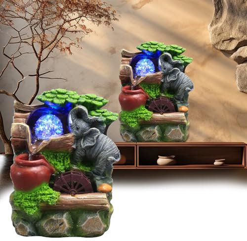 Fontana a Cascata Da Interno Con Palla Rotolante in Poliresina - Elefante Roccia Giardino Tavolo D'Acqua 23x18x13 Cm