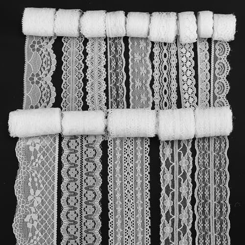 14 Rollos de Cinta de Flores de Encaje Blanco de 0.51 a 2.36 Pulgadas, Adornos Vintage y Tela de Encaje, Apliques y Decoración Festoneada para Costura, Manualidades y Bodas